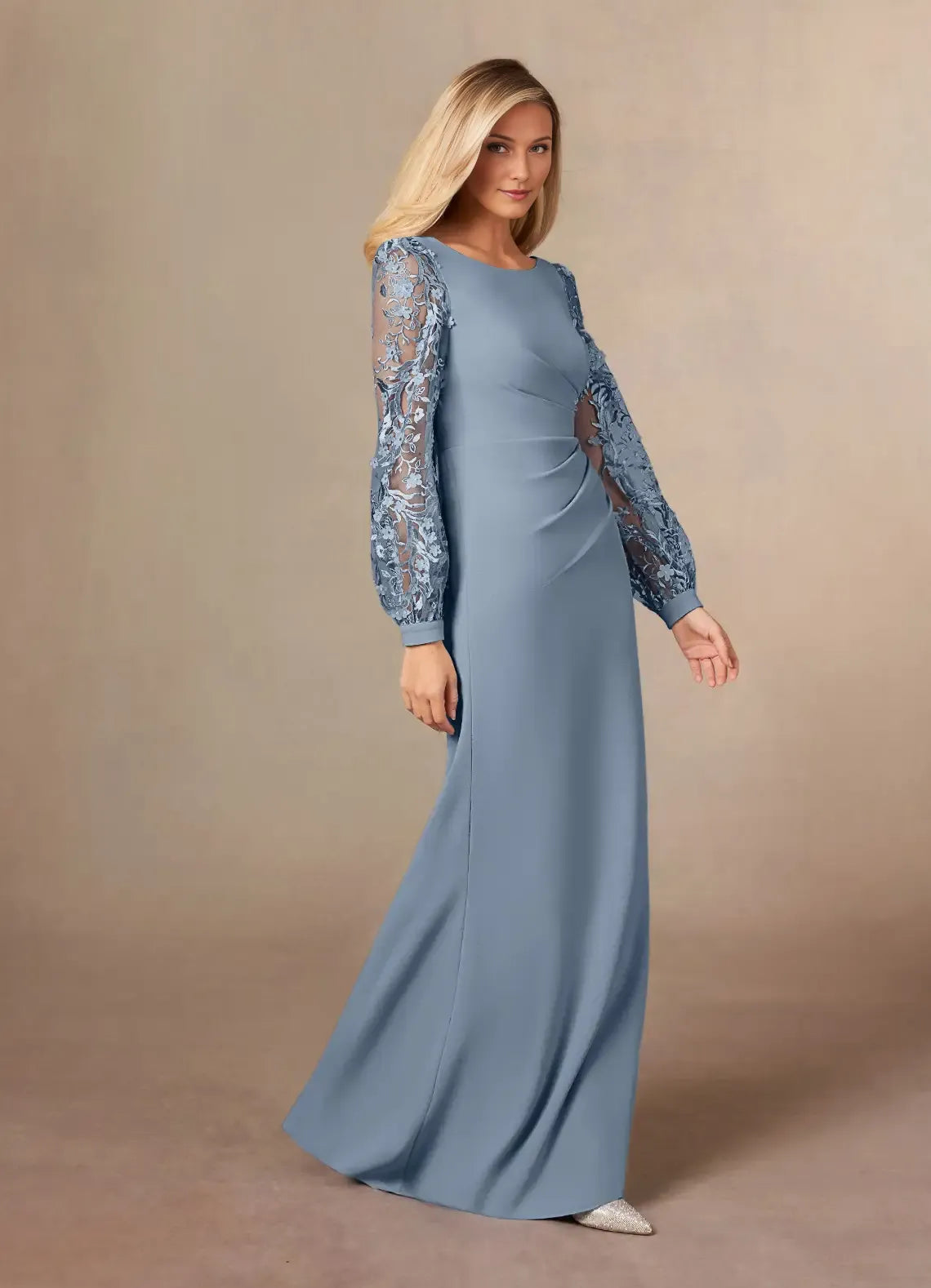 Elegant Dusty Blue Mother of the Bride Dress with Boat Neckline Lace Embroidered Lantern Sleeves Ruched Bodice and Mermaid Silhouette
