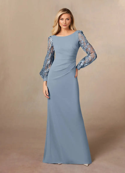 Elegant Dusty Blue Mother of the Bride Dress with Boat Neckline Lace Embroidered Lantern Sleeves Ruched Bodice and Mermaid Silhouette