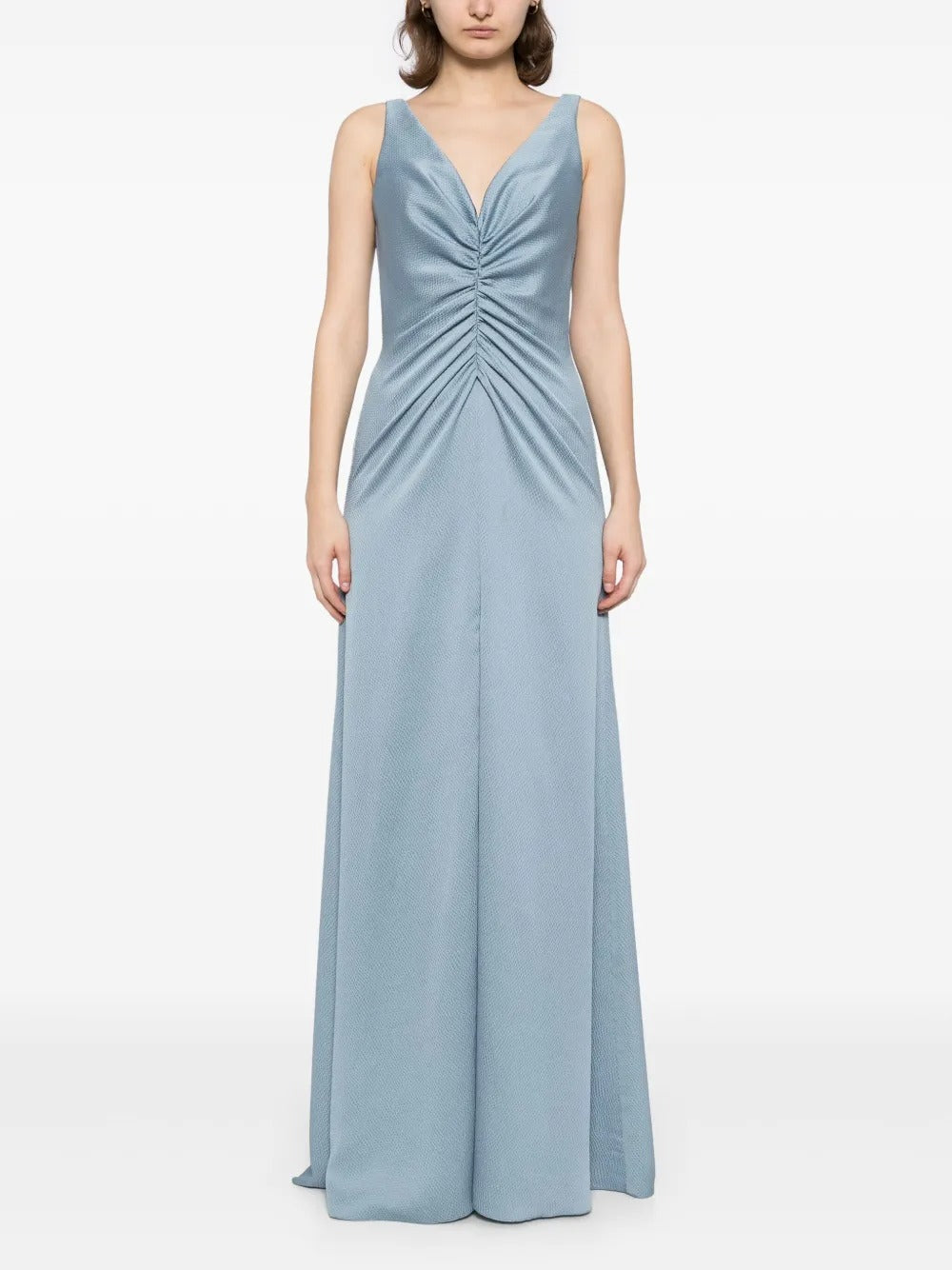 Elegant Dusty Blue Satin Ruched V-Neck Evening Dress