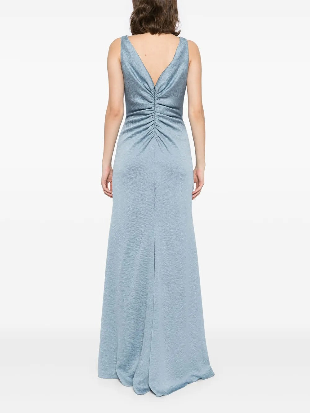 Elegant Dusty Blue Satin Ruched V-Neck Evening Dress