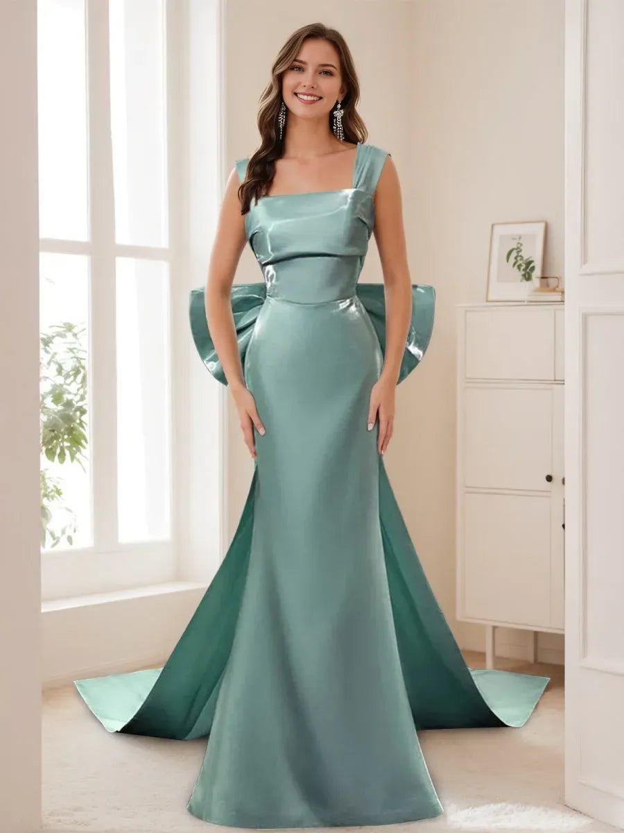 Elegant Dusty Green Sheath Satin Square Neck Sleeveless Bow Back Floor-Length Prom Dresses with Bowknot Watteau Train