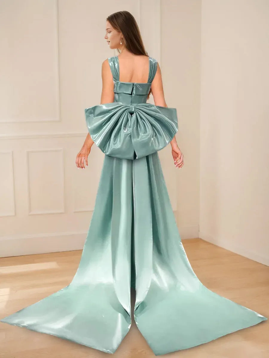 Elegant Dusty Green Sheath Satin Square Neck Sleeveless Bow Back Floor-Length Prom Dresses with Bowknot Watteau Train