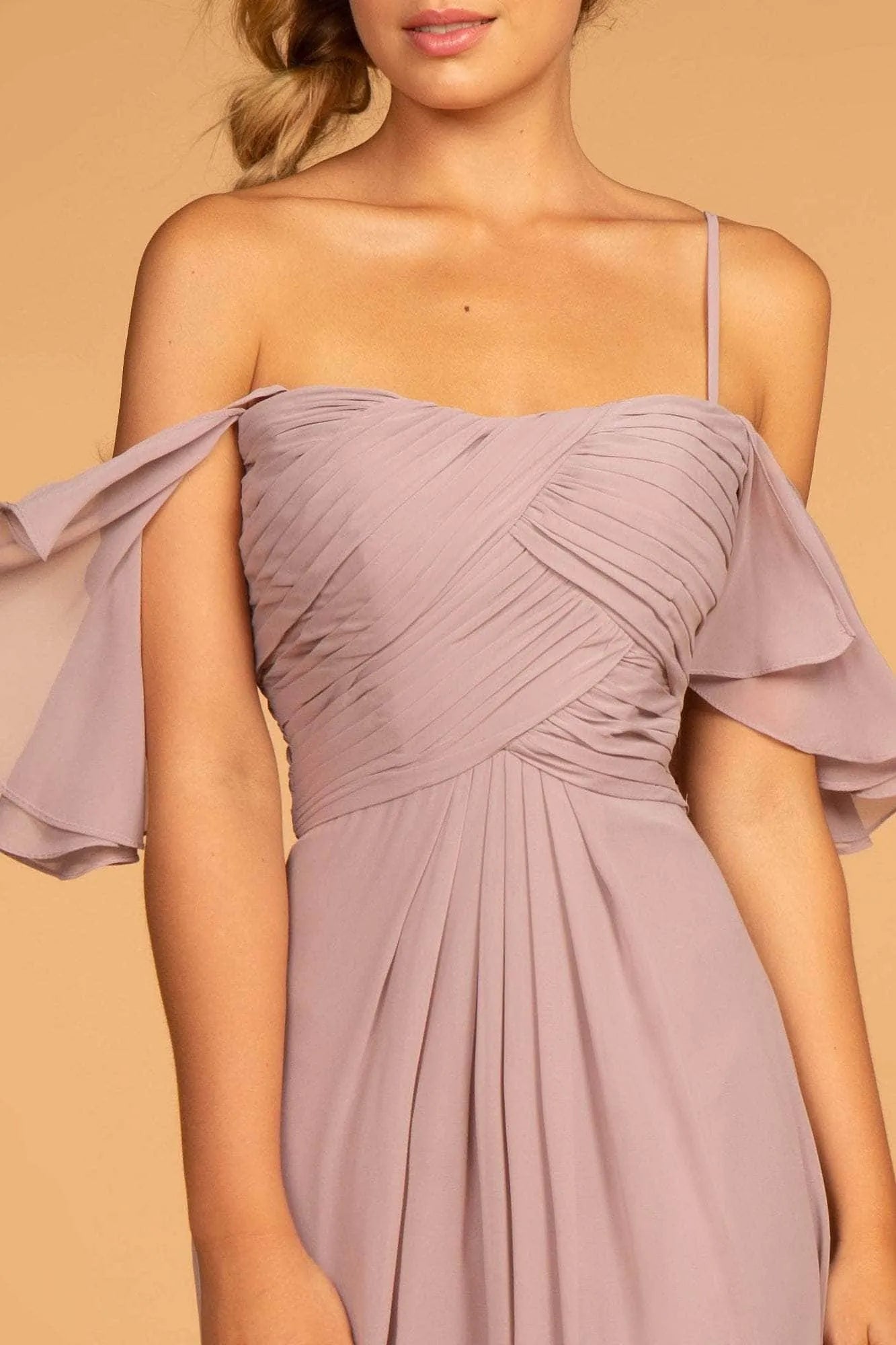 Elegant Dusty Lilac Chiffon Evening Dresses featuring Off - Shoulder Flutter Sleeves Ruched Design, and Flowy Fit to Elevate