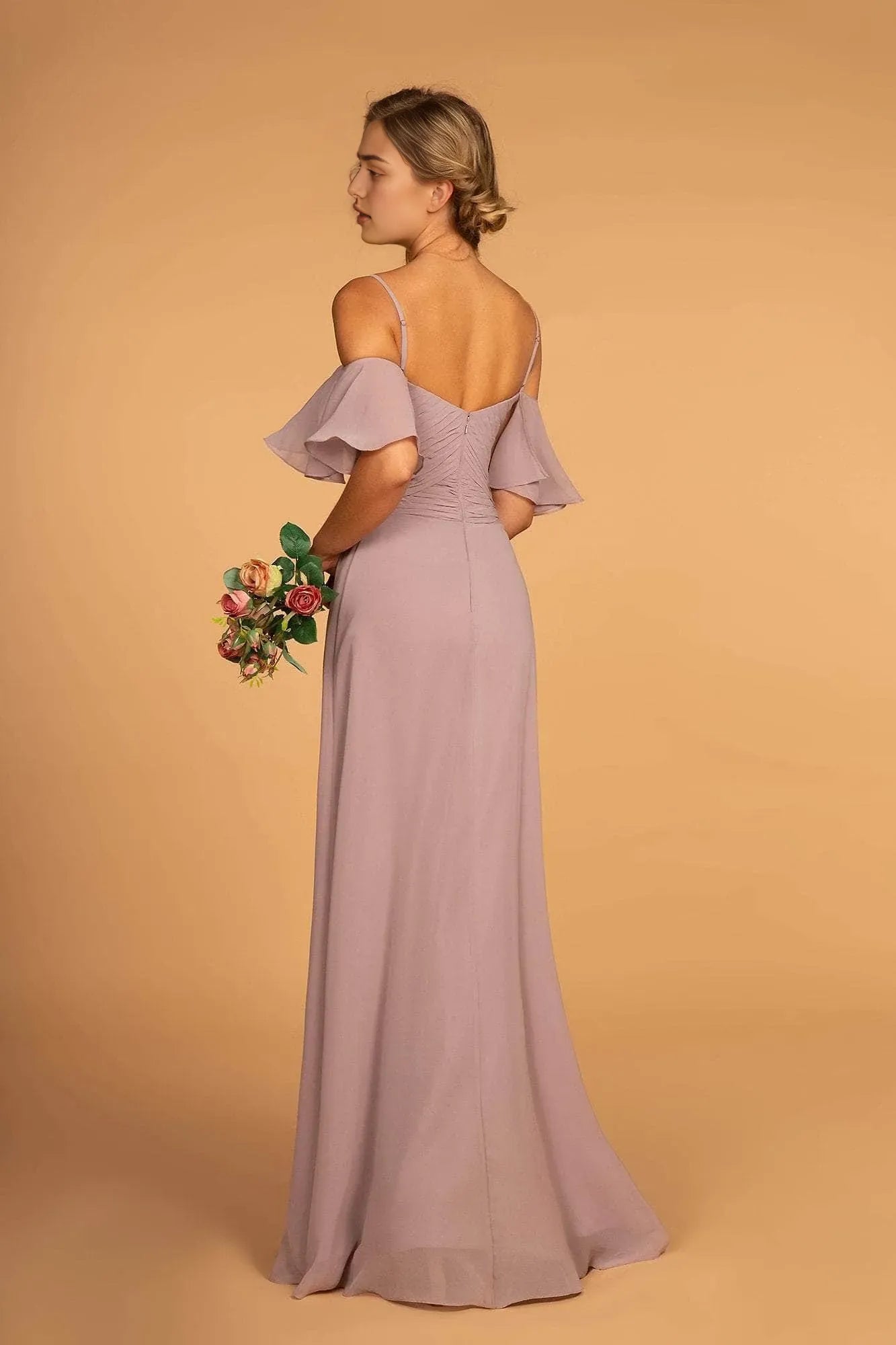 Elegant Dusty Lilac Chiffon Evening Dresses featuring Off - Shoulder Flutter Sleeves Ruched Design, and Flowy Fit to Elevate
