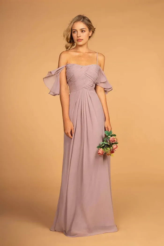 Elegant Dusty Lilac Chiffon Evening Dresses featuring Off - Shoulder Flutter Sleeves Ruched Design, and Flowy Fit to Elevate