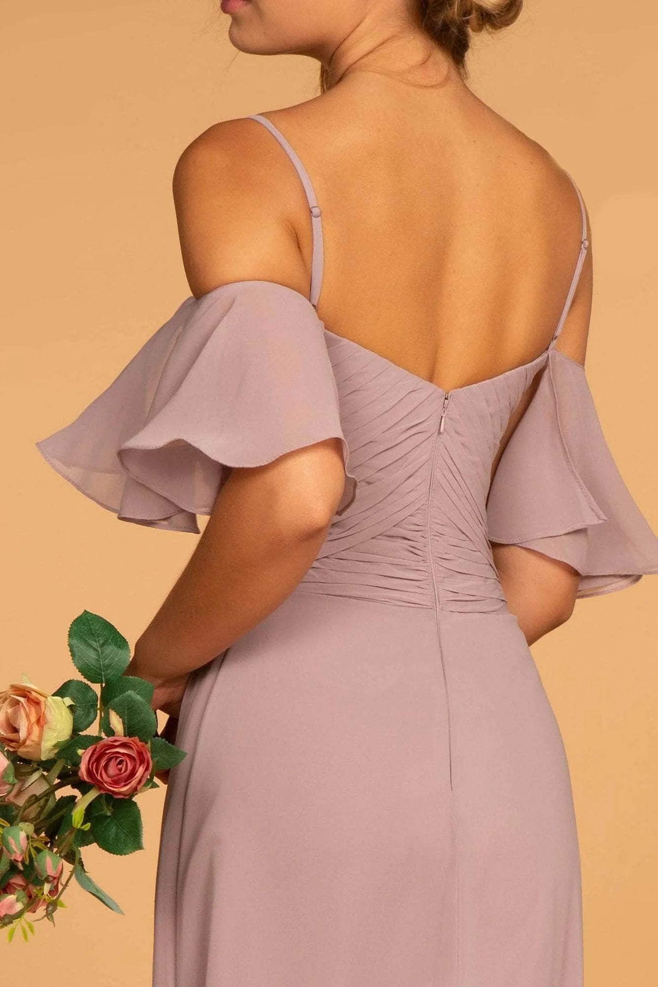 Elegant Dusty Lilac Chiffon Evening Dresses featuring Off - Shoulder Flutter Sleeves Ruched Design, and Flowy Fit to Elevate