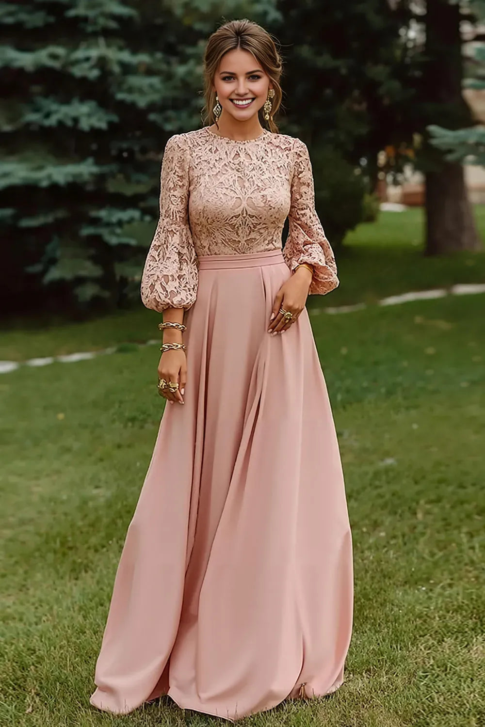 Elegant Dusty Rose A-Line Round Neck 3/4 Sleeves Zipper Back Floor-Length Mother of the Bride Dresses