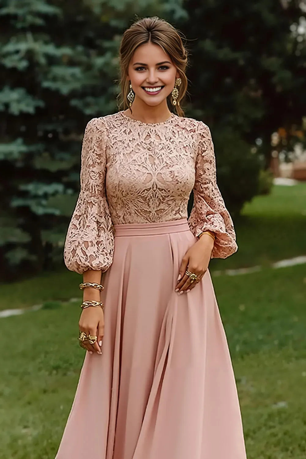 Elegant Dusty Rose A-Line Round Neck 3/4 Sleeves Zipper Back Floor-Length Mother of the Bride Dresses