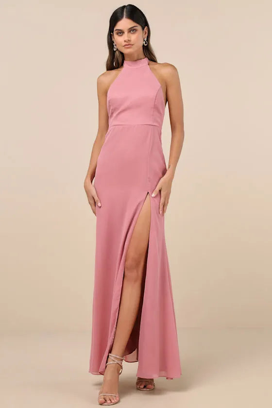 Elegant Dusty Rose Chiffon Prom Dress with Halter Neckline Figure Hugging Fit and High Thigh Side Slit for Formal Occasions