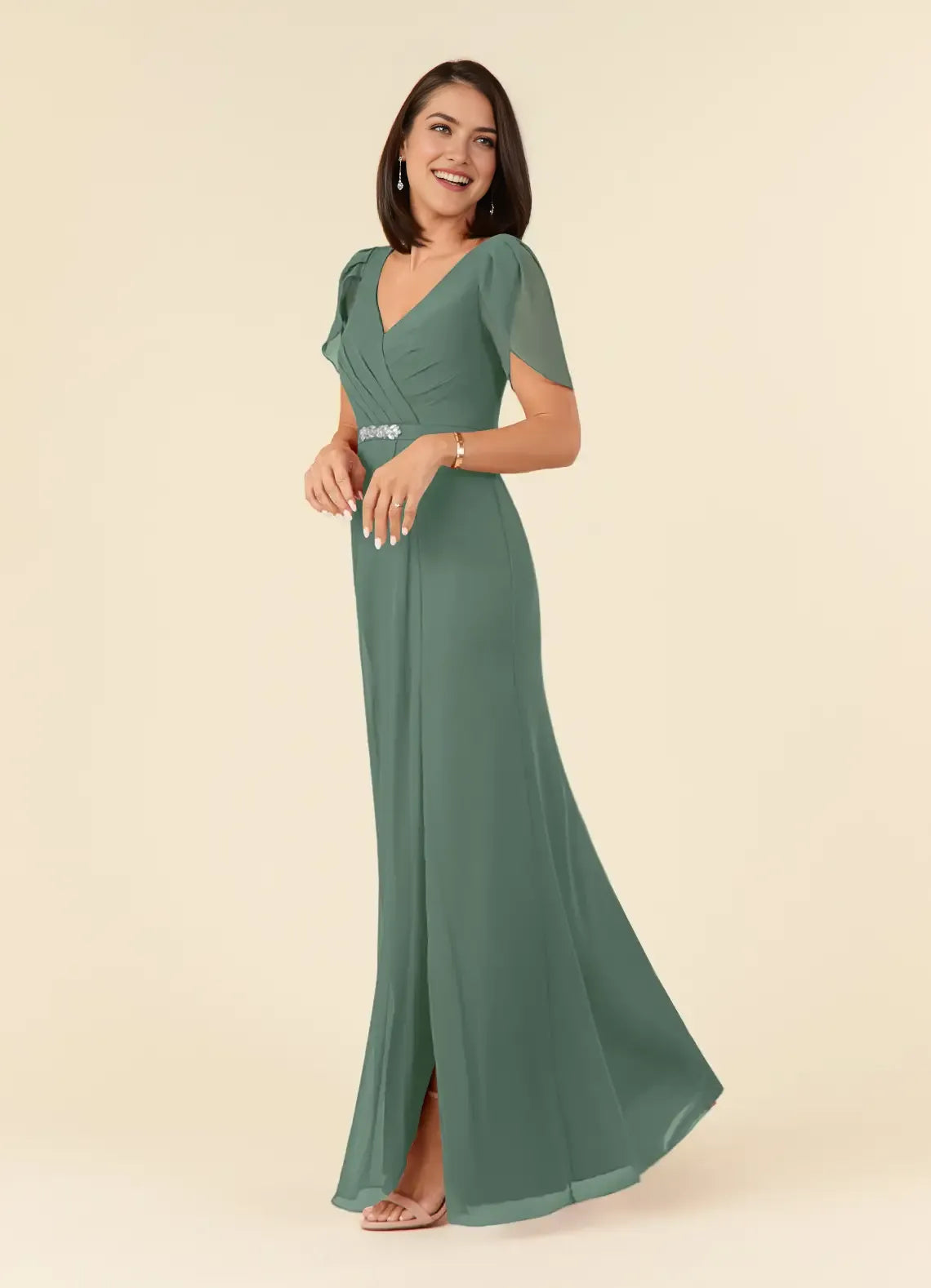 Elegant EeucalyptusSheath V-Neck Pleated Chiffon Mother of the Bride Dress with V - Neck Flutter Sleeves Embellished Waistband hot sale