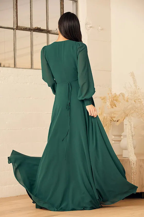 Elegant Emerald Green Chiffon Wrap Evening Gown with Long Sheer Sleeves and High Side Slit Perfect