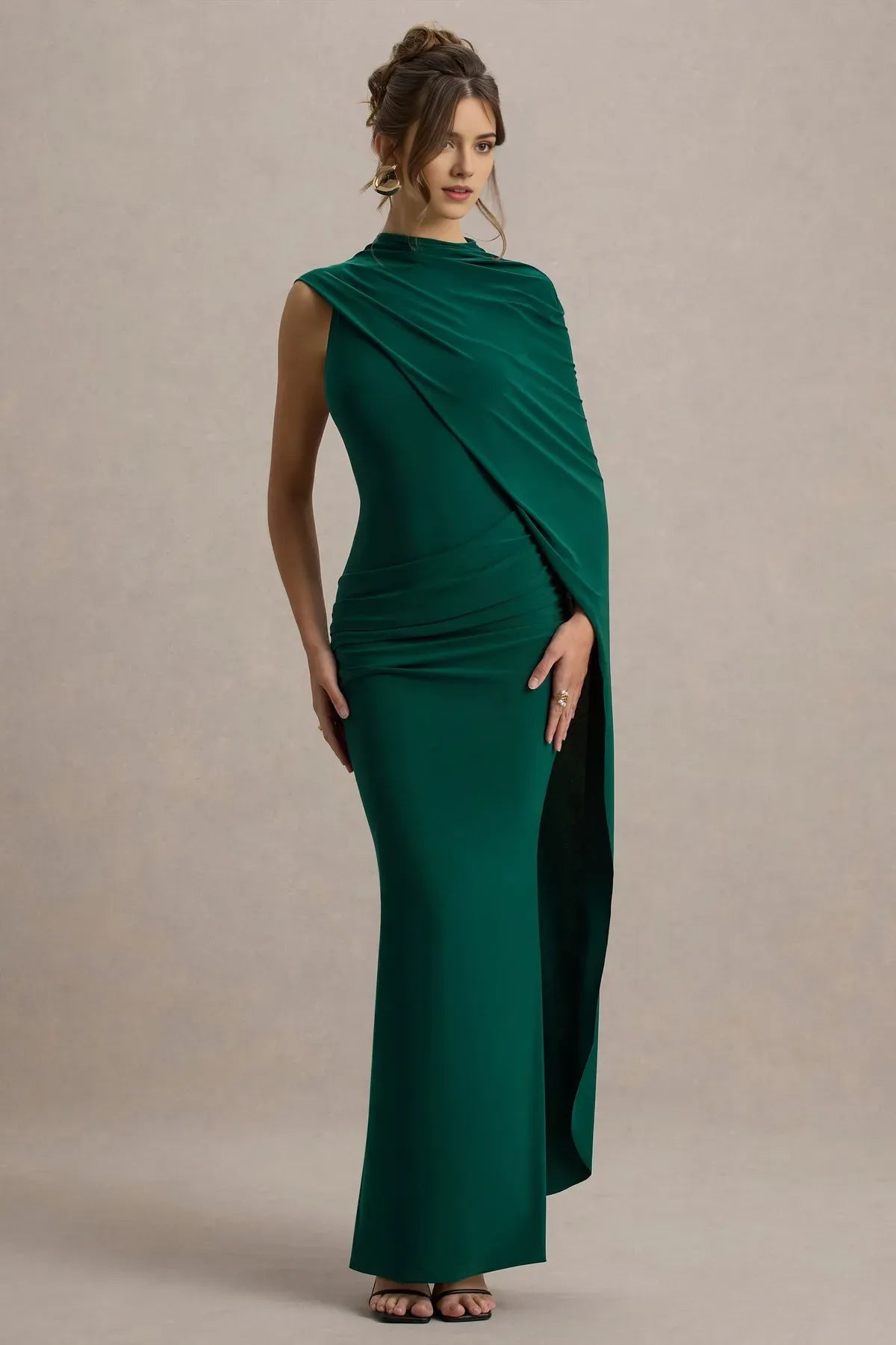 Elegant Emerald Green One Prom Dresses Jersey  with Ruched Waist and Asymmetric Overlay for Glamorous Evening Occasions