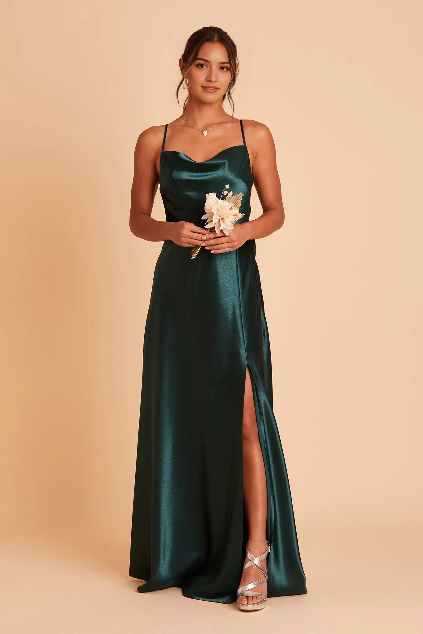 Elegant Emerald Green Satin Ball Gown Cowl Neck Spaghetti Straps Side Slit for Formal Galas and Prom Dresses