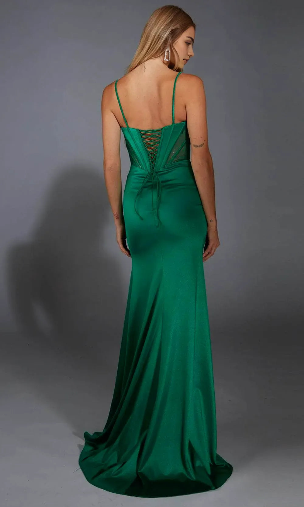 Elegant Emerald Green Satin Gown Sheer Panel Detailing Corset Inspired Top Slit Ideal for Prom Nights