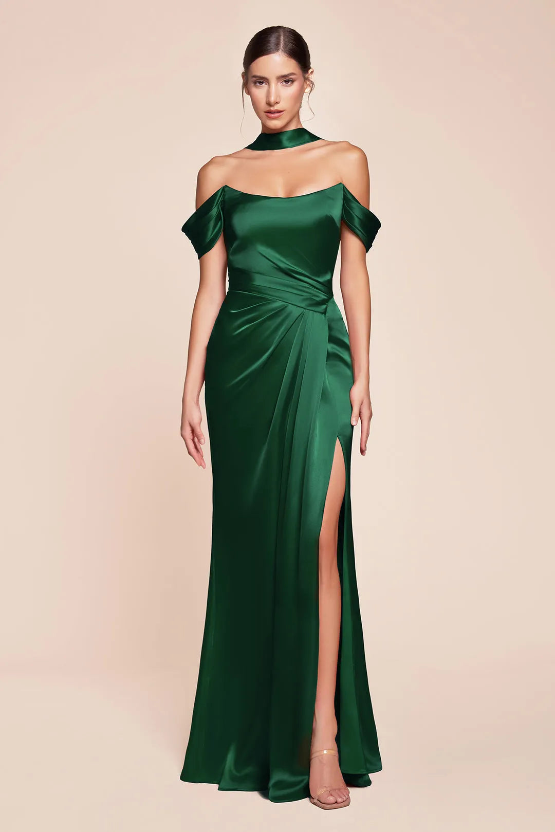 Elegant Emerald Green Satin Off - Shoulder Prom Dress with Draped Waist and High Side Slit for Formal Occasions