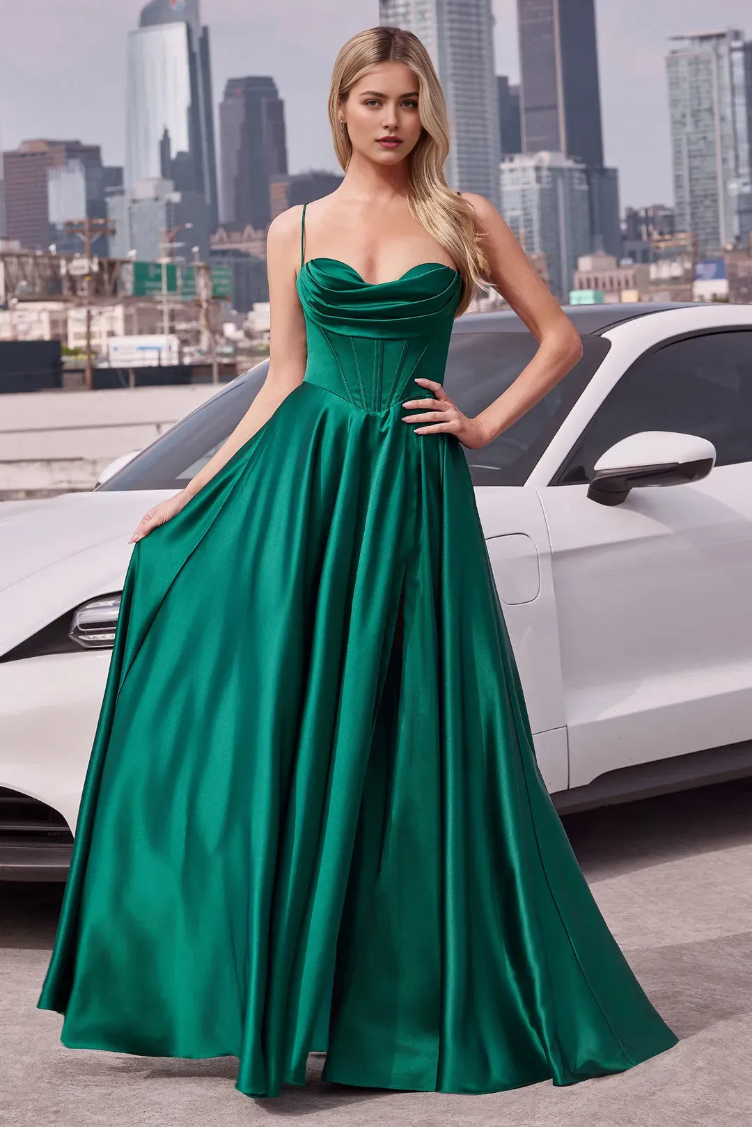Elegant Emerald Green Satin Prom Dress with Cowl Neckline Corset Bodice Spaghetti Straps and High Side Slit for Formal Events ﻿