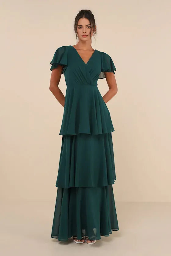 Elegant Emerald Green Tiered Evening Dresses with Flutter Sleeves Plunging V - Neck Ruched Bodice Perfect for Dreamy