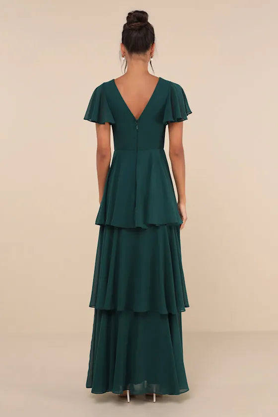 Elegant Emerald Green Tiered Evening Dresses with Flutter Sleeves Plunging V - Neck Ruched Bodice Perfect for Dreamy
