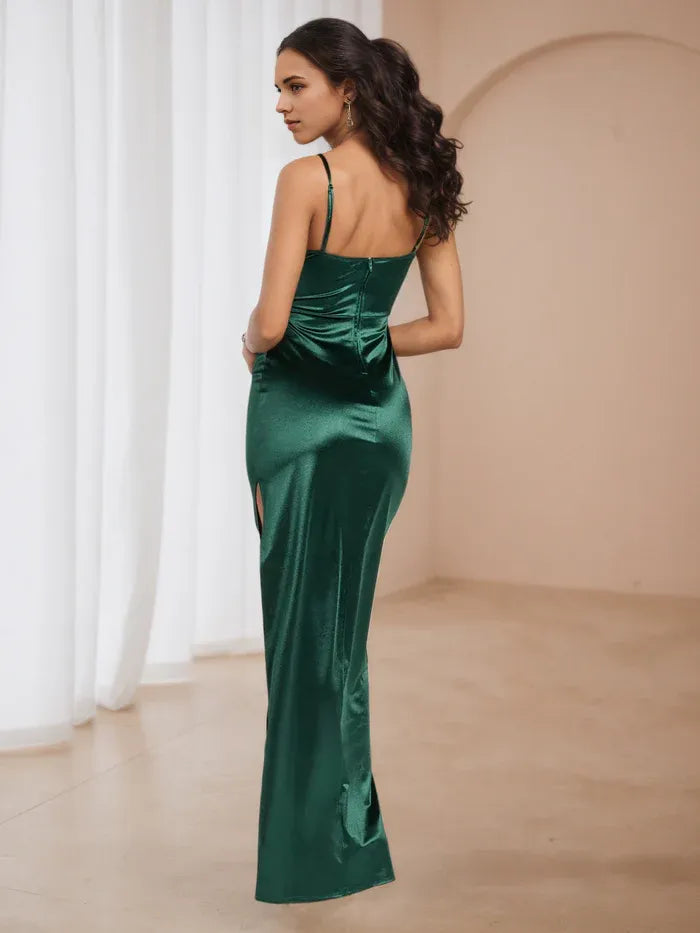 Elegant Emerald Satin Gown: Cowl Neck Spaghetti Straps Slit for Memorable Evenings
