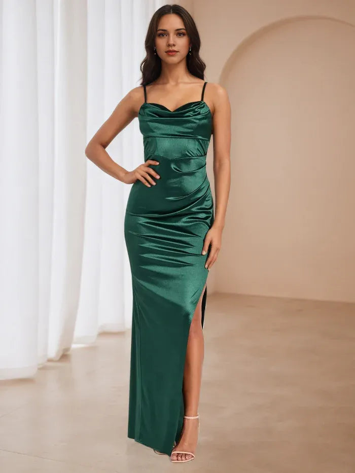 Elegant Emerald Satin Gown: Cowl Neck Spaghetti Straps Slit for Memorable Evenings