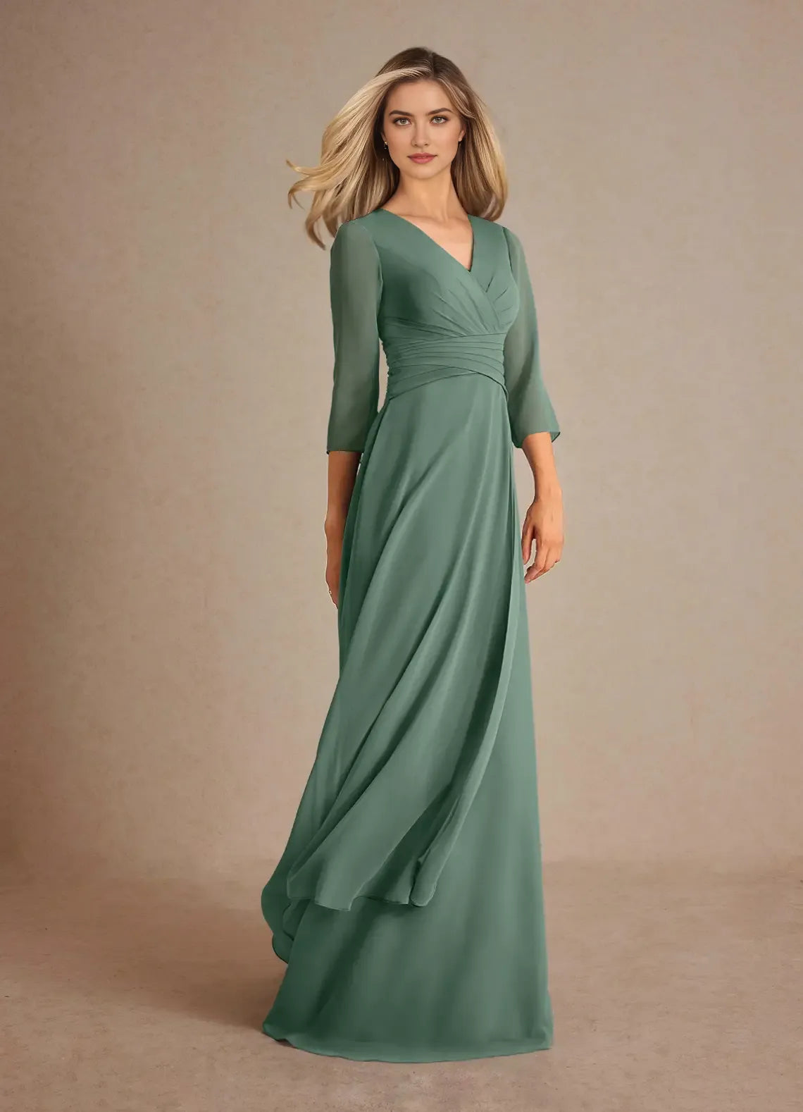 Elegant Eucalyptus A-Line Pleated Chiffon Mother of the Bride Dress with V - Neck 3/4 Sleeves Ruched Bodice Hot Sale