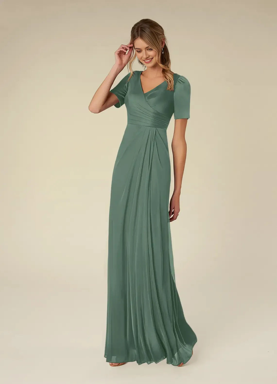 Elegant Eucalyptus A-Line Pleated Mesh Mother of the Bride Dress Surplice V - Neck Short Satin Sleeves Draped Chiffon Bodice Floor  Length Flowy Skirt