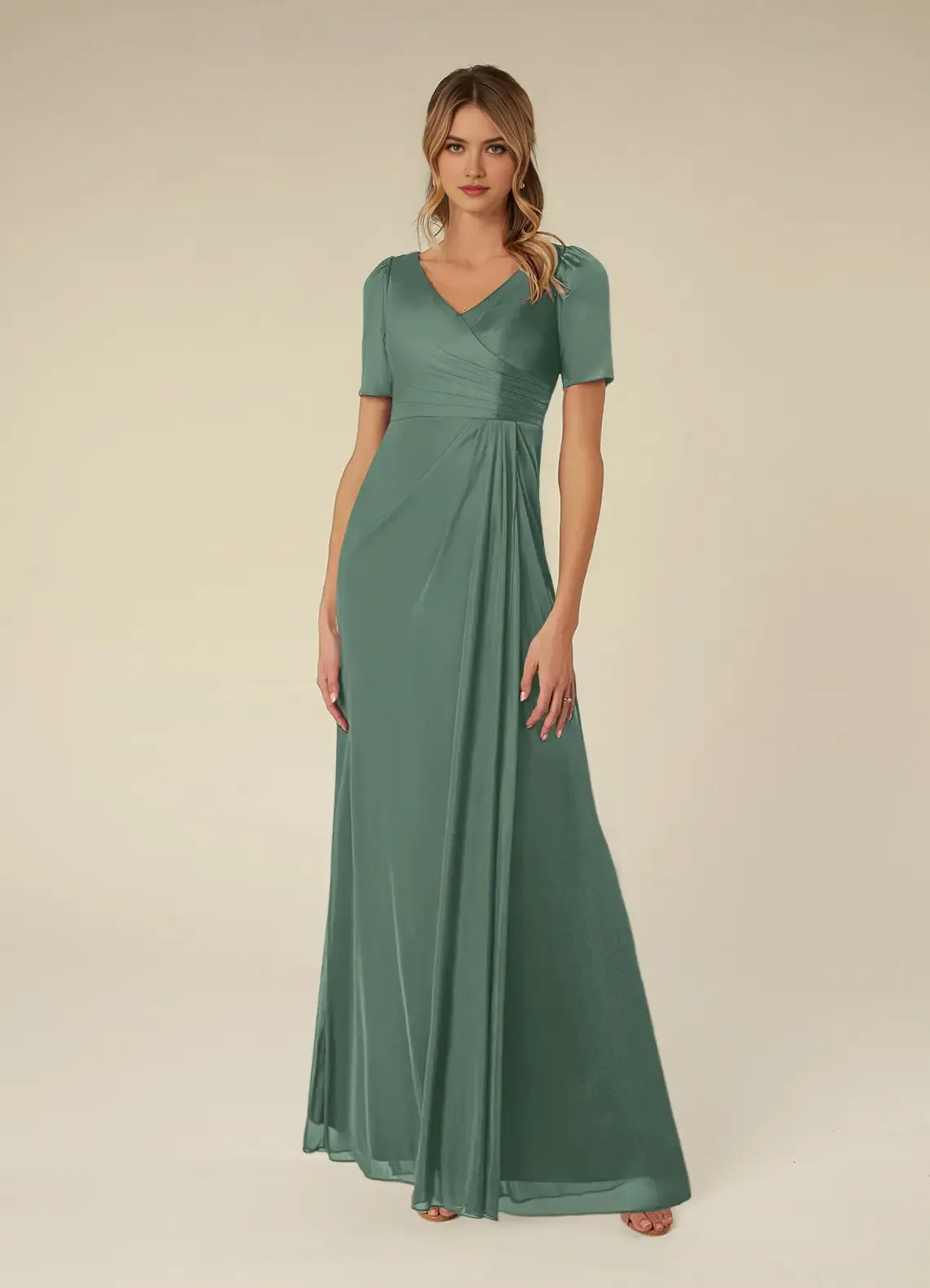 Elegant Eucalyptus A-Line Pleated Mesh Mother of the Bride Dress Surplice V - Neck Short Satin Sleeves Draped Chiffon Bodice Floor  Length Flowy Skirt