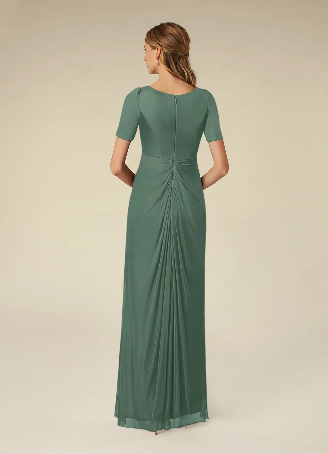 Elegant Eucalyptus A-Line Pleated Mesh Mother of the Bride Dress Surplice V - Neck Short Satin Sleeves Draped Chiffon Bodice Floor  Length Flowy Skirt