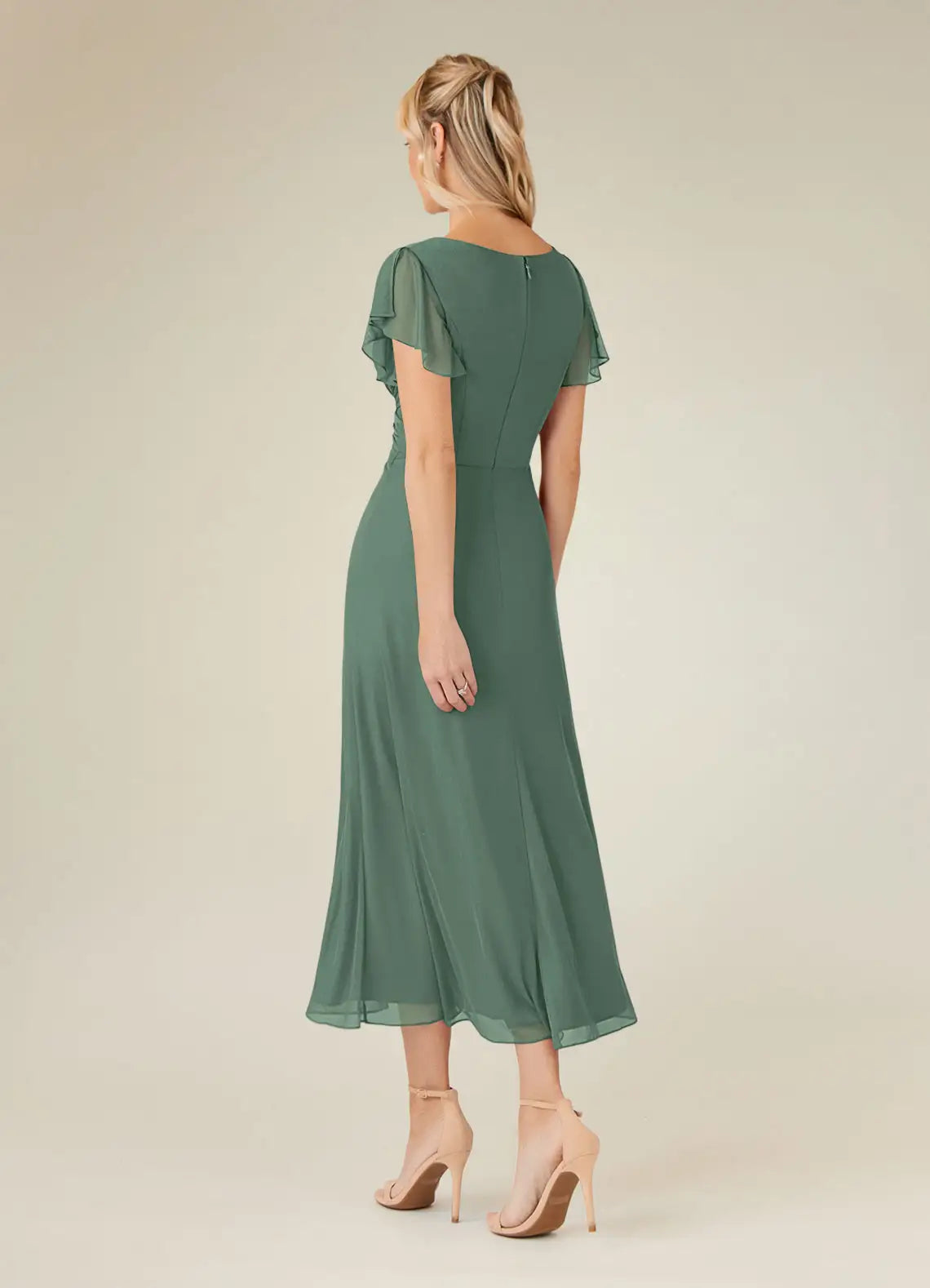Elegant Eucalyptus A-Line short sleeves  V-Neck Chiffon Pleated Mesh Mother of the Bride  Dresses for women hot sale