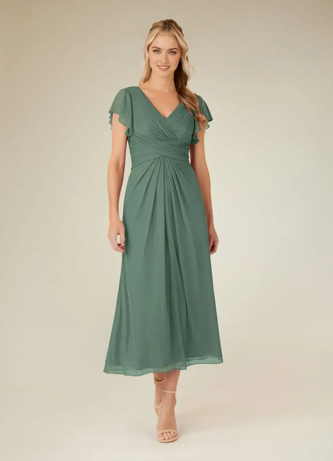 Elegant Eucalyptus A-Line short sleeves  V-Neck Chiffon Pleated Mesh Mother of the Bride  Dresses for women hot sale