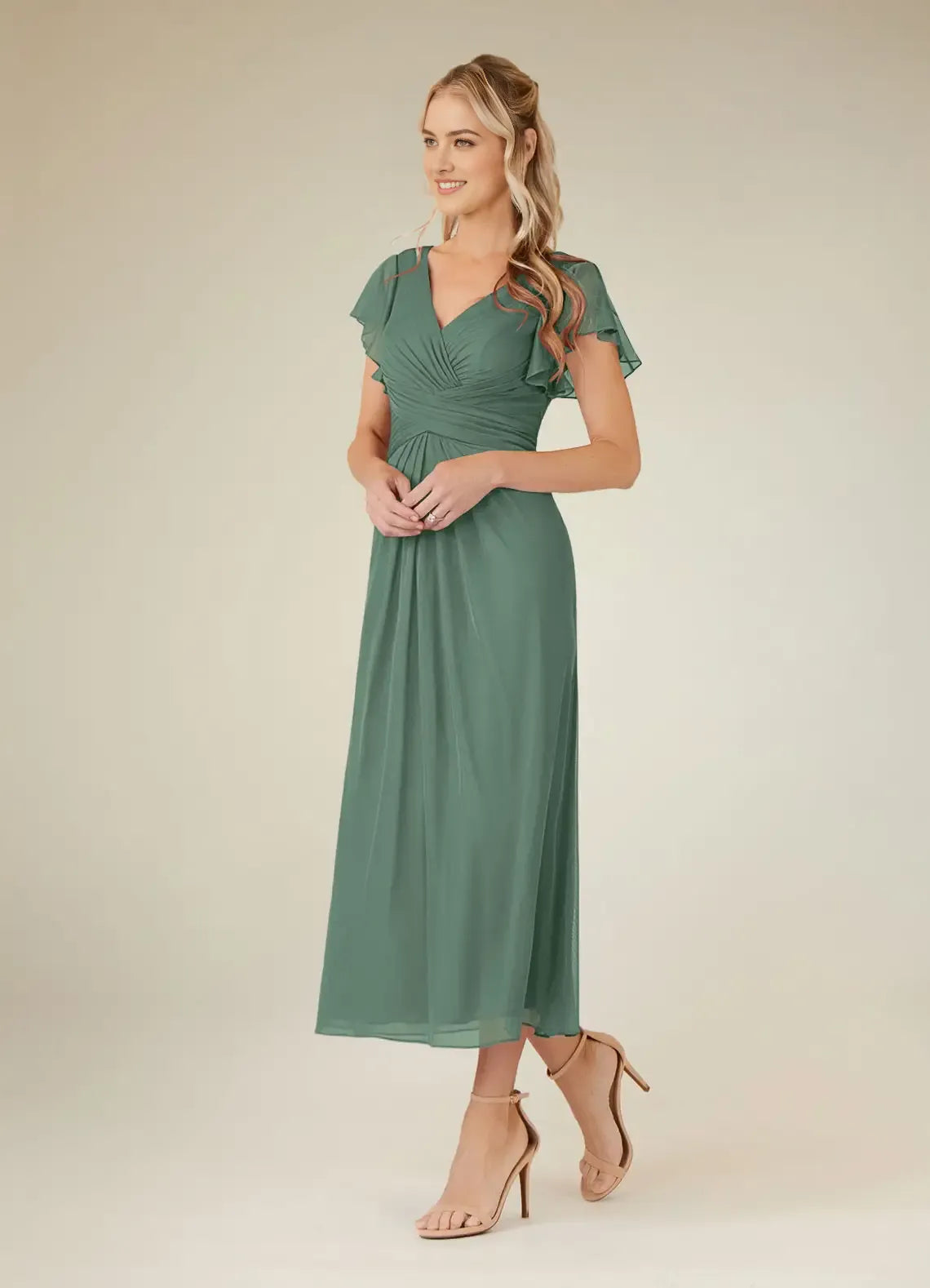 Elegant Eucalyptus A-Line short sleeves  V-Neck Chiffon Pleated Mesh Mother of the Bride  Dresses for women hot sale