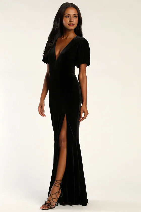 Elegant Evenings Navy Velvet Flutter Sleeve Trumpet Evening Dresses