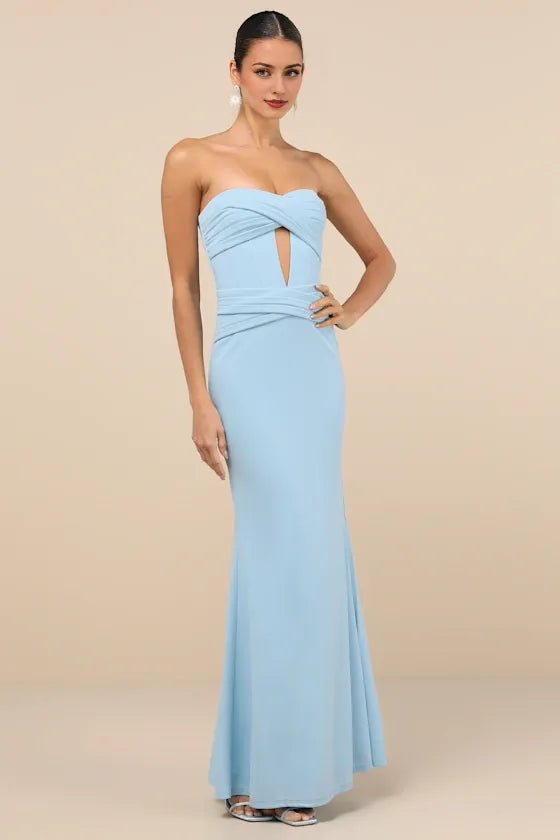 Elegant Finesse Light Blue Pleated Cutout Evening Dresses