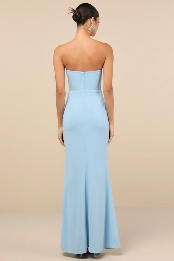 Elegant Finesse Light Blue Pleated Cutout Evening Dresses