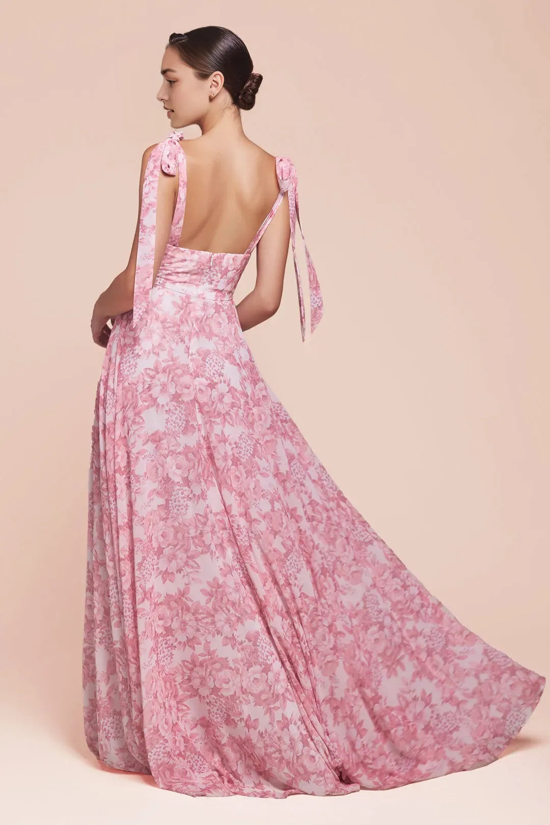 Elegant Floral  Printed Chiffon Prom Dress with Plunging V Neck Tie  Strap Detail and High Side Slit for Romantic Occasions