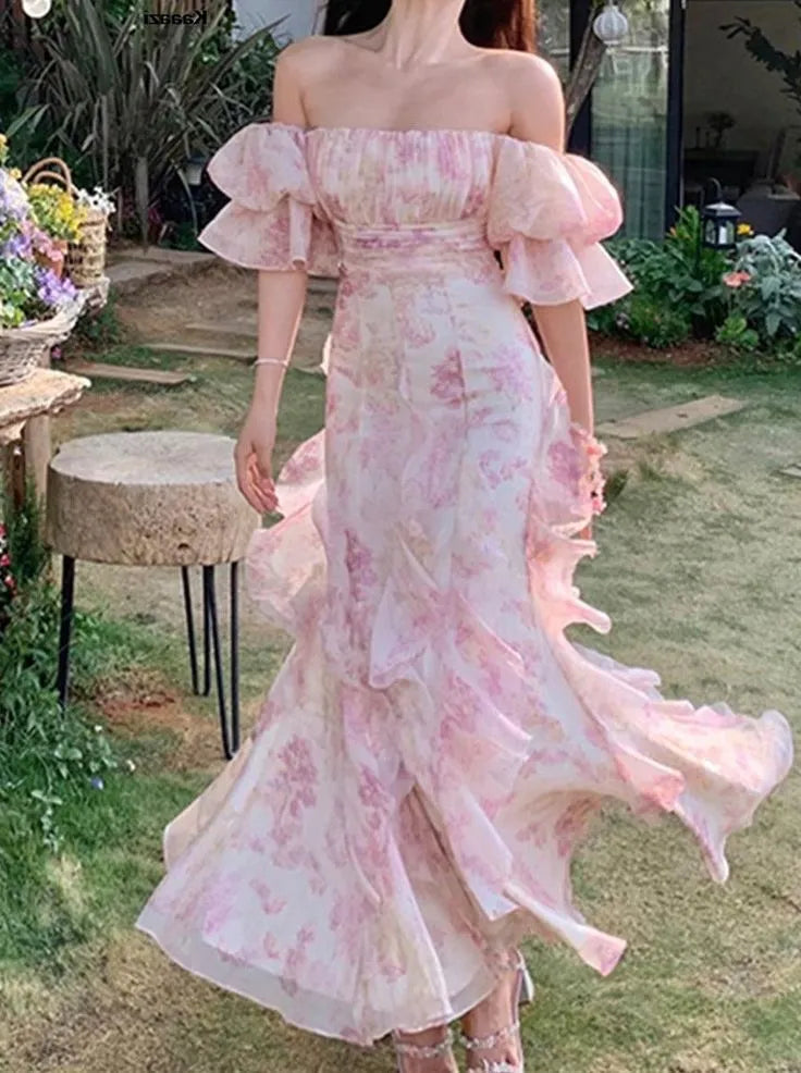 Elegant Flowers Pink Prom Dress Long Party Birthday Outfits