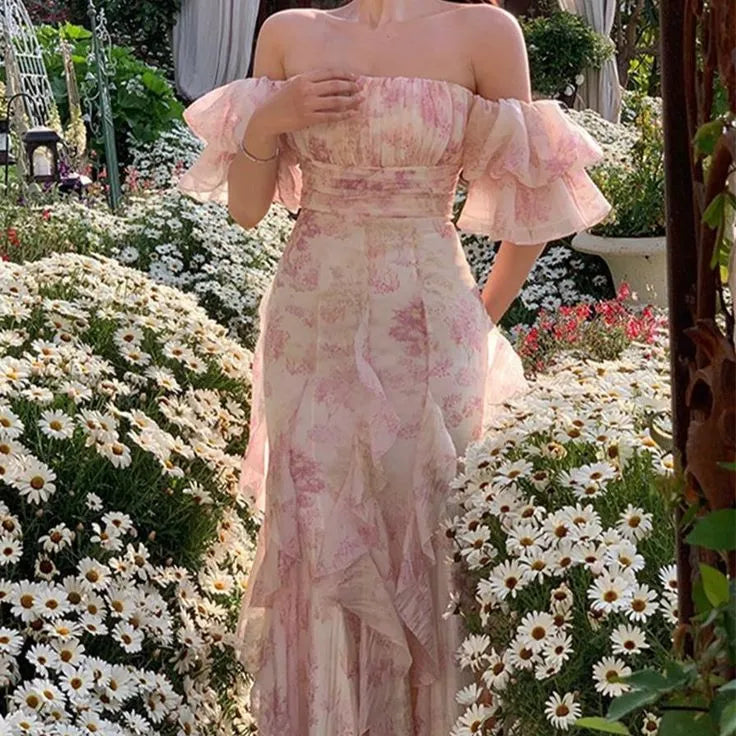 Elegant Flowers Pink Prom Dress Long Party Birthday Outfits