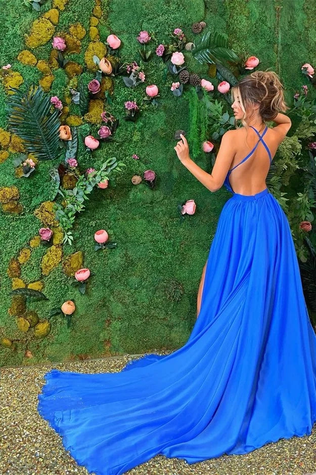 Elegant Flowy Halter Sleeveless Backless Royal Blue Maxi Party Dress
