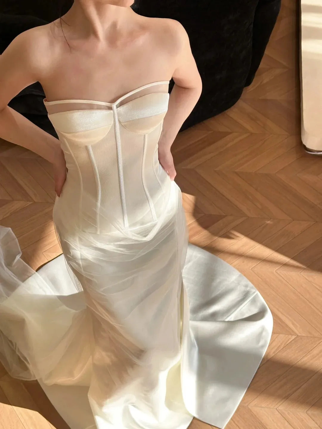 Elegant Flowy Strapless Herringbone Fitted Tight Bodice Satin Train Wedding Dress