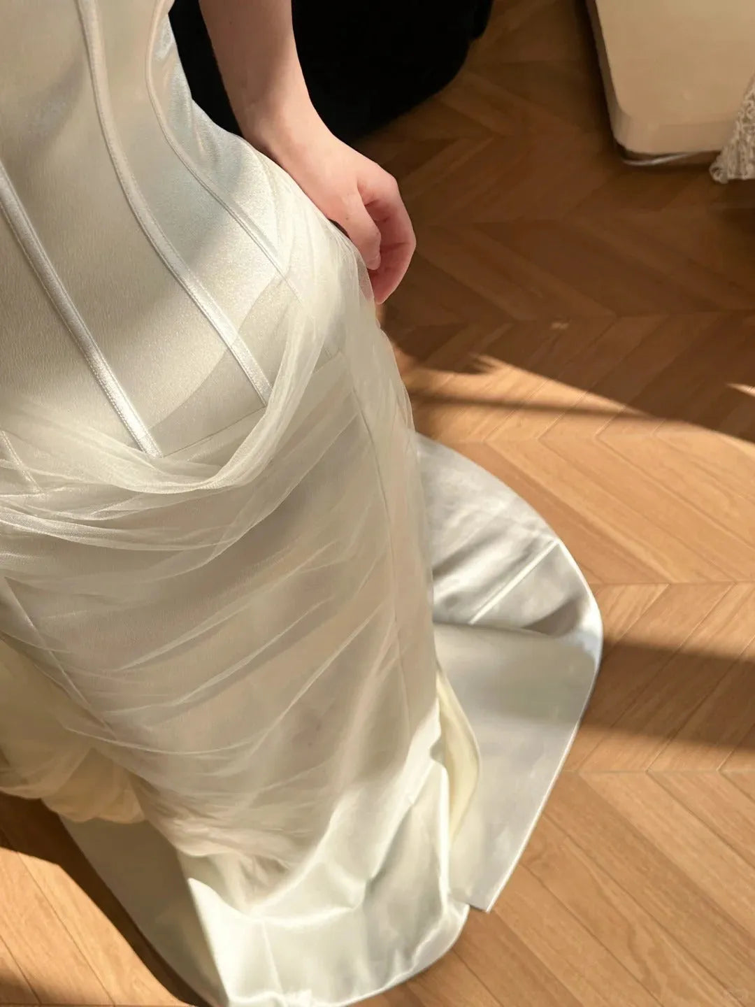 Elegant Flowy Strapless Herringbone Fitted Tight Bodice Satin Train Wedding Dress