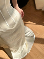 Elegant Flowy Strapless Herringbone Fitted Tight Bodice Satin Train Wedding Dress