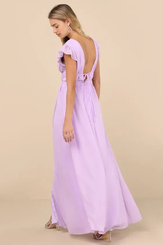 Elegant Flutter-Sleeve Prom Dresses in Light Purple Chiffon Deep V-Neck Bow-Tie Waist Slit Skirt  Romantic Flowy Design