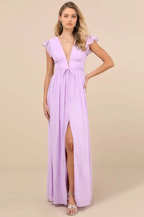 Elegant Flutter-Sleeve Prom Dresses in Light Purple Chiffon Deep V-Neck Bow-Tie Waist Slit Skirt  Romantic Flowy Design