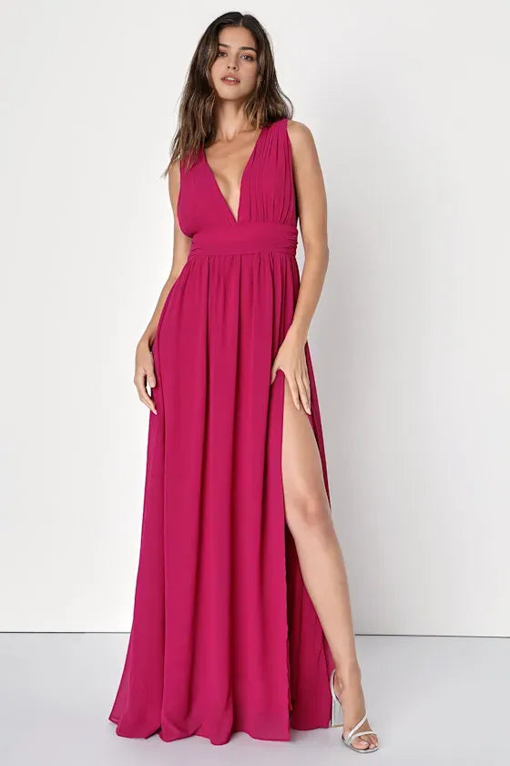 Elegant Fuchsia Chiffon Sleeveless Evening Gown with Plunging V - Neck Ruched Bodice Elastic Waist  High Side Slit