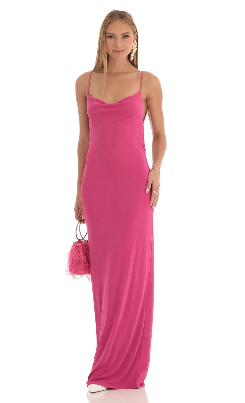 Elegant Fuchsia Cowl Neck Prom Dress with Spaghetti Straps  Bodycon Fit Perfect for Glamorous