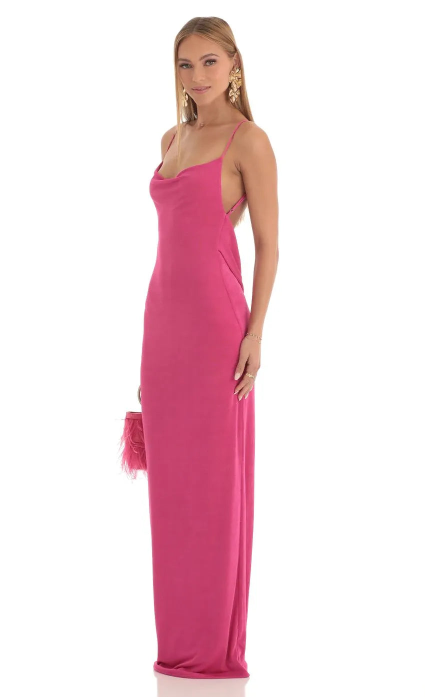 Elegant Fuchsia Cowl Neck Prom Dress with Spaghetti Straps  Bodycon Fit Perfect for Glamorous