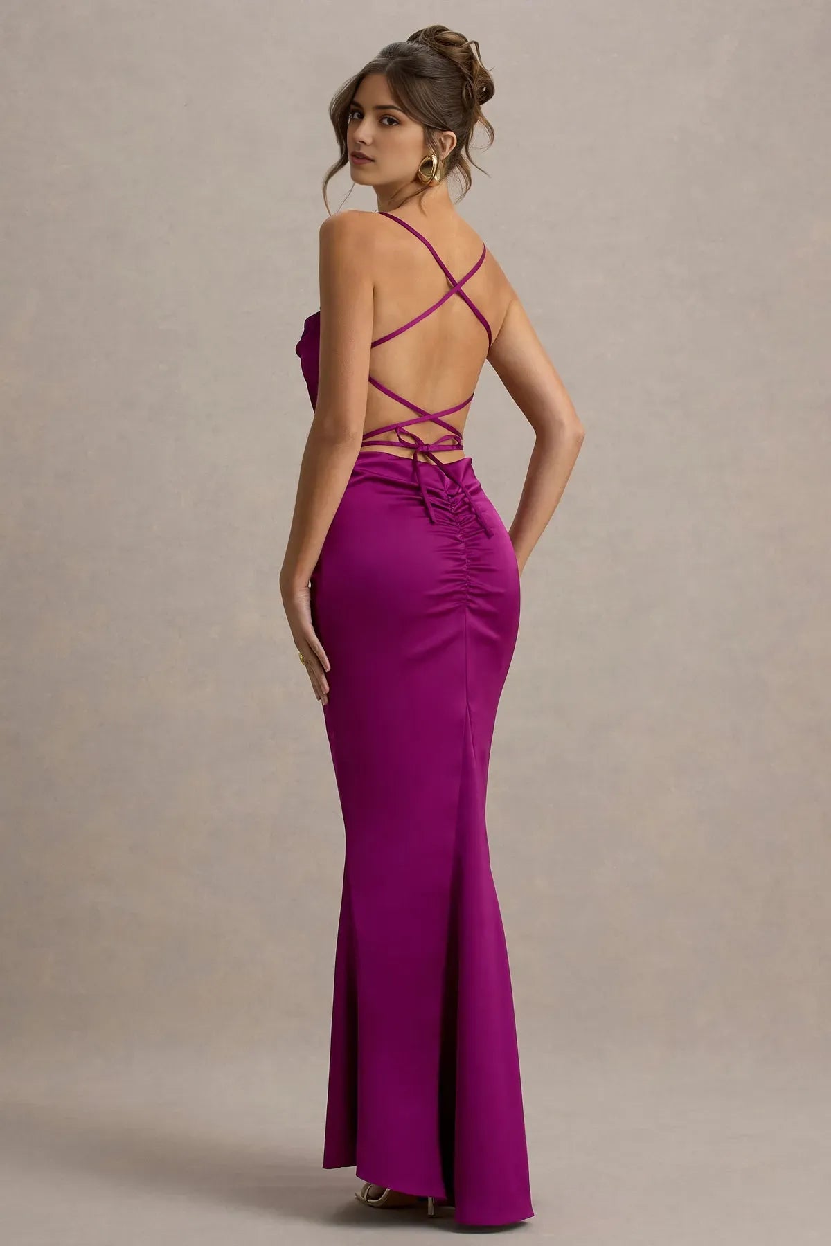 Elegant Fuchsia Satin Prom Dress with Spaghetti Straps and Cowl Neck Detail