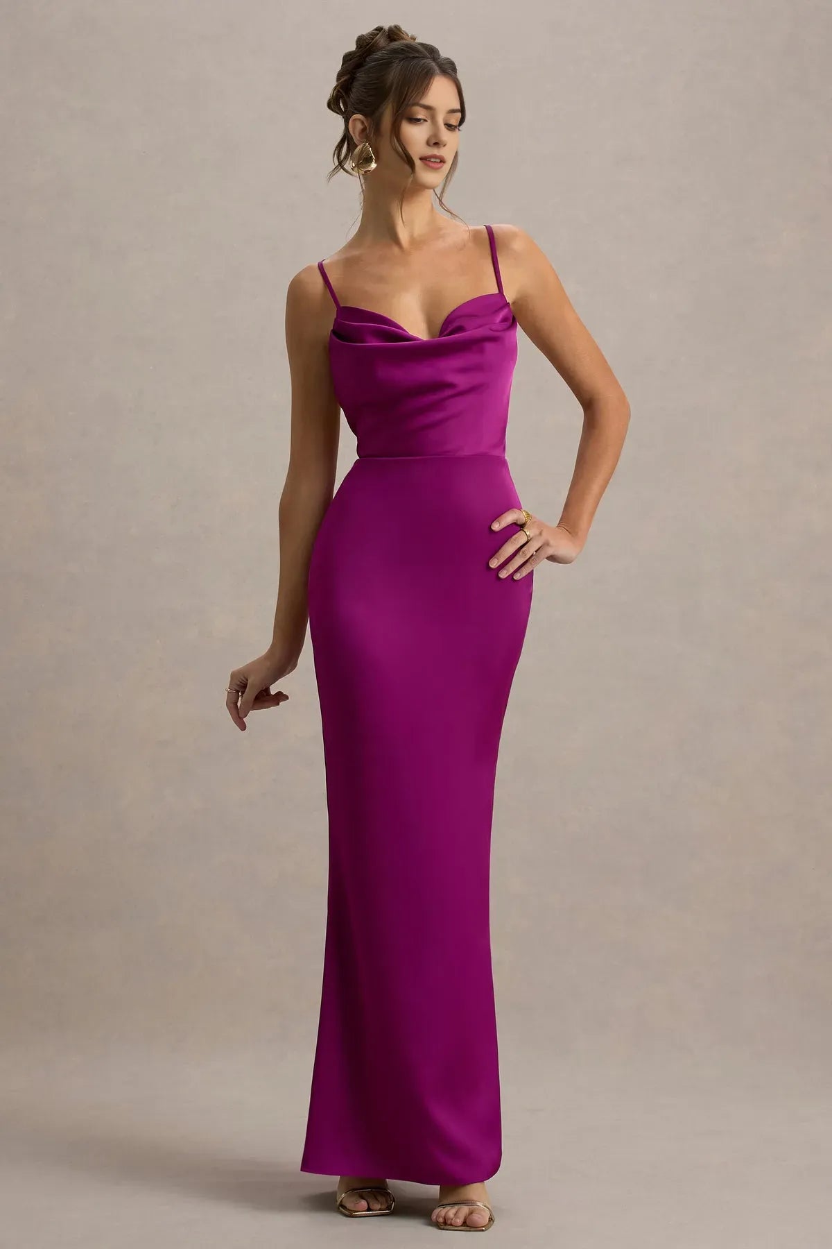 Elegant Fuchsia Satin Prom Dress with Spaghetti Straps and Cowl Neck Detail