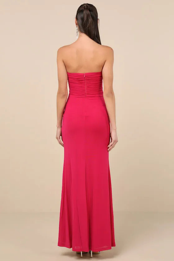 Elegant Fuchsia Strapless Prom Dress with Ruched Bodice Asymmetric Draped Skirt and High  Thigh Side Slit for Formal Occasions