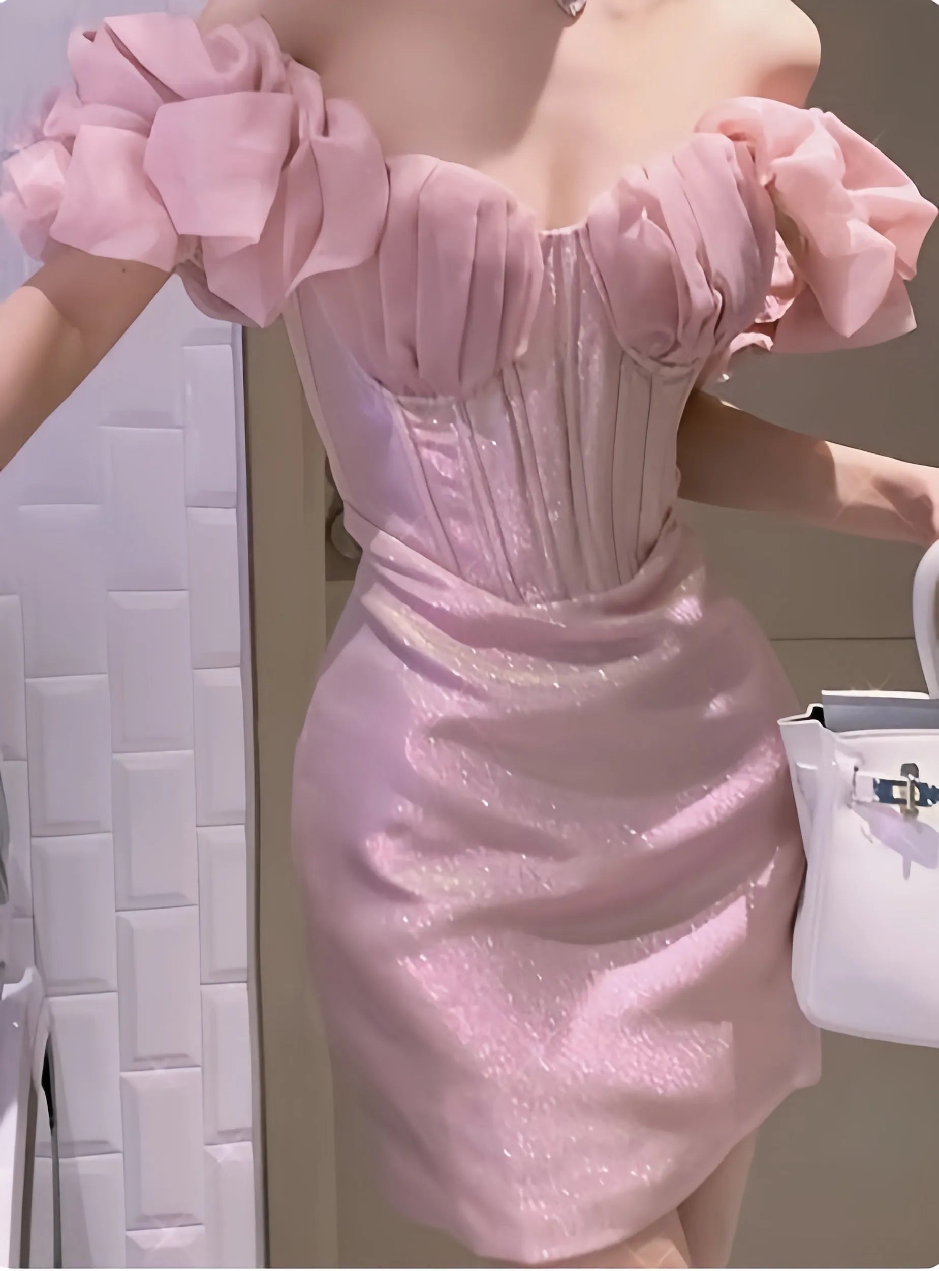 Elegant Glitter Pink Off Shoulder Homecoming Dress with Ruffled Sleeves Corset Bodice Shimmering